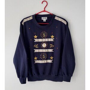 90s vintage navy blue sailor print nautical anchor embroidered pullover sweater